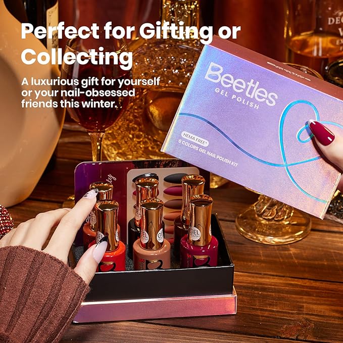 beetles Brown Gel Polish Set - Midnight Serenity HEMA-Free Gel Polish Set, 6 Colors 15ml Mocha Brown Wine Plum Shades, Salon-Quality Long Lasting Soak Off UV LED Nail Gel with Swatch Card