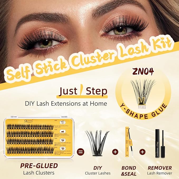 QUEWEL Self Adhesive Eyelashes Natural Look, No Glue Needed Lash Clusters with Eyelash Clusters Tweezer, 80 Pcs Reusable Lashes Self Adhesive for Beginners, DIY Lash Extensions for Home Use(ZN-04)