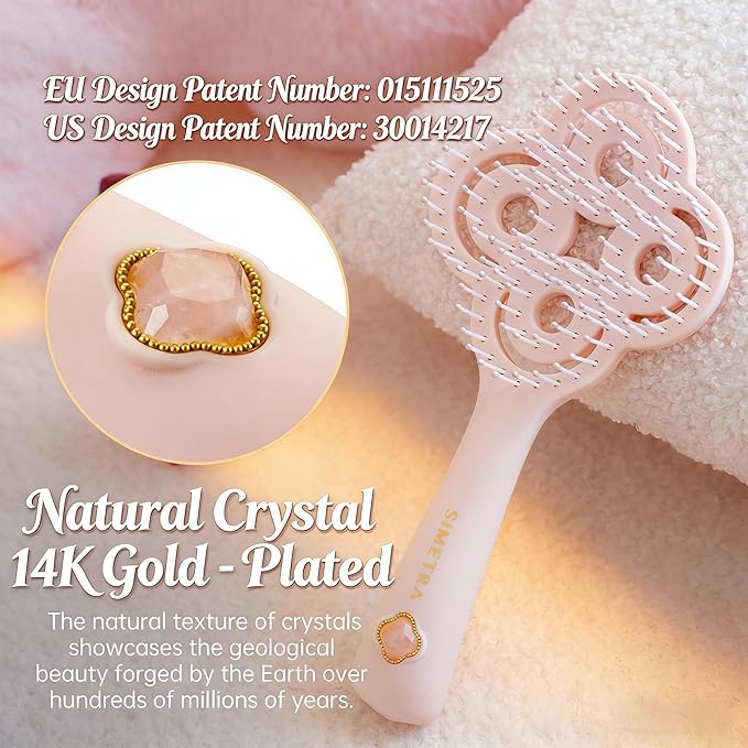 Simetra Detangler Hair Brush for Women and Men, Original Detangling Brush for Curly Hair/Fine &Thick/Wet & Dry Hair, Holiday Present Hairbrush - Natural Crystal Inlay & 14K Gold Plating