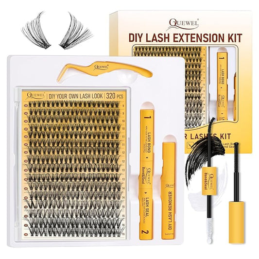 QUEWEL Lash Clusters Kit, 320 Pcs 30D Lash Cluster Eyelash Extensions 9-16mm Lash Clusters Wispy Kit with Eyelash Clusters Bond and Seal Glue Remover Tweezers (30D Kit)