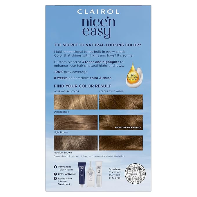 Clairol Nice'n Easy Permanent Hair Dye, 6 Light Brown Hair Color, Pack of 3