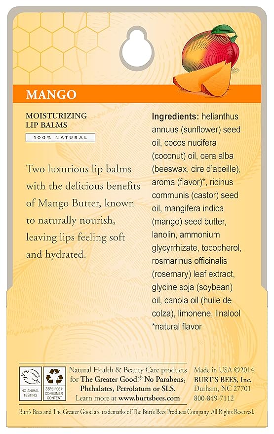 Burt's Bees Lip Balm - Mango, Lip Moisturizer With Responsibly Sourced Beeswax, Tint-Free, Natural Origin Conditioning Treatment, 2 Tubes, 0.15 oz. (Pack of 2)