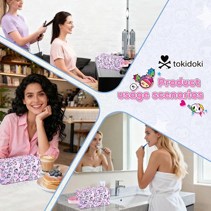 Tokidoki Makeup Bag for Women, Large Capacity Cosmetic Organizer & Toiletry Pouch with Handle, Official Licensed Unicorno Travel Cartoon Portable Makeup Case
