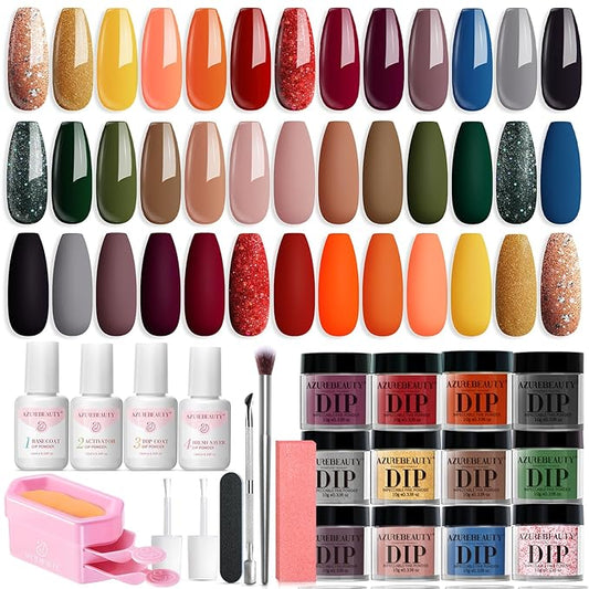 AZUREBEAUTY Dip Powder Nail Kit Starter Orange Green Glitter Red 20 Colors Summer Acrylic Dipping Powder Liquid Set with Base/Top Coat for French Nails Art Manicure Beginner DIY Salon Home