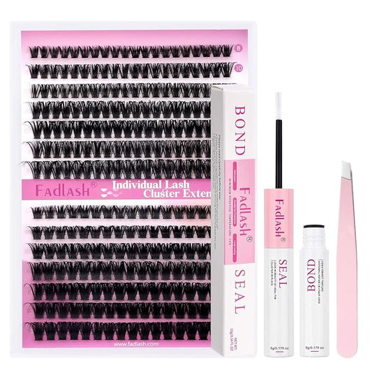 FADLASH Lash Extension Kit 60D+80D Lash Clusters D Curl Lash Cluster Kit DIY Eyelash Extension Kit with Lash Bond and Seal Lash Applicator Tool fluffy Cluster Lashes(60+80D Kit, Mix 8-16mm)