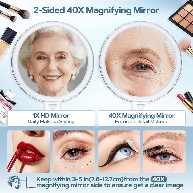 B Beauty Planet 40X Magnifying Mirror for Travel with Handle, Double-Sided 1X/40X Magnification Hand Mirror for Makeup,Travel Mirror for Desk 5 Inches