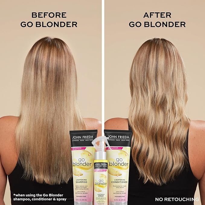 John Frieda Go Blonder Lightening Conditioner, Gradually Lightens Blonde Color, For Natural or Color-Treated Hair, Formulated with Citrus and Chamomile, Paraben Free, 8.3 Oz