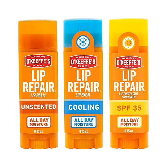 O'Keeffe's Lip Repair Lip Balm Set for Dry, Cracked Lips - Stick (Pack of 3: 1 Cooling + 1 Unscented + 1 SPF) - Moisturizer for for Extremely Cracked, Dry Lips