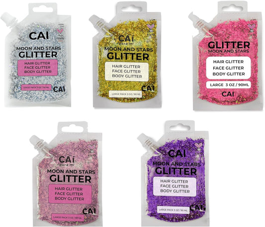 Face, Body & Hair Glitter Gel – Halloween Glitter for Kids and Women – 3 Oz Cosmetic-Grade Gel w/Moon & Stars for Festivals & Halloween Party, Easy Apply & Wash Off - Unicorn 5Pack