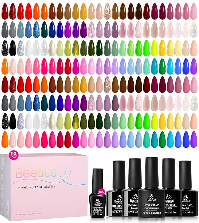 Beetles Gel Nail Polish Set - Chroma Dreams 100 Colors Polish Kit, Pink Blue Orange Purple Gel Nail Colors, with 5Pcs Base Top Coat Soak off UV Gel