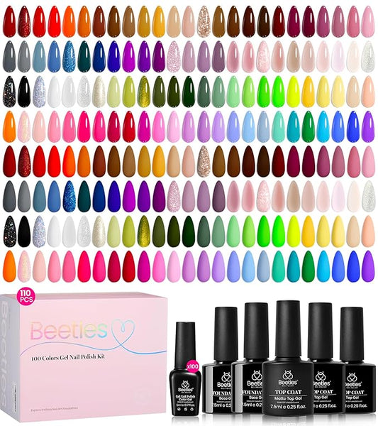 Beetles Gel Nail Polish Set - Chroma Dreams 100 Colors Polish Kit, Pink Blue Orange Purple Gel Nail Colors, with 5Pcs Base Top Coat Soak off UV Gel
