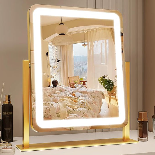 ROLOVE Gold Vanity Mirror with Lights, 15"x13" Lighted Makeup Mirror with Smart Touch, 3-Color Dimmable Lighting, 360° Rotation, Tabletop Mirror for Desk or Bedroom