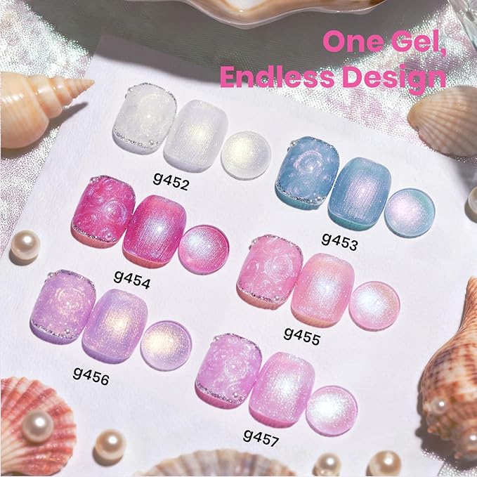 beetles Pearl Gel Polish Set - Ocean Whisper Collection, 15ml Shimmer White Pink Purple Mermaid Nail Swirl Shell Thread Polish Soak Off Uv Gel Polish Effect DIY Manicure Gift for Women