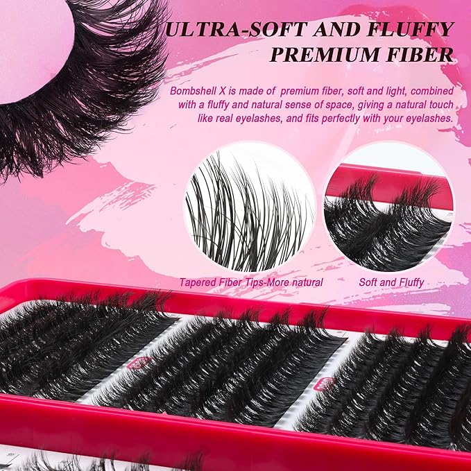 Bombshell PLUS 570Pcs Fluffy Lash Clusters - 10-18mm Thick D Curl Eyelash Clusters (200D Volume) - DIY Eyelash Extensions at Home - Perfect for Women's Natural & Glam Looks with dark skin