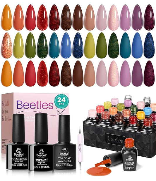 beetles Gel Polish Set - Toy Eden Gel Nail Polish Set 20 Colors Brown Orange Red Purple Glitter Shell Shread Green Nude Blue 24pcs with Base Top Coat UV LED Needed Gifts for Women