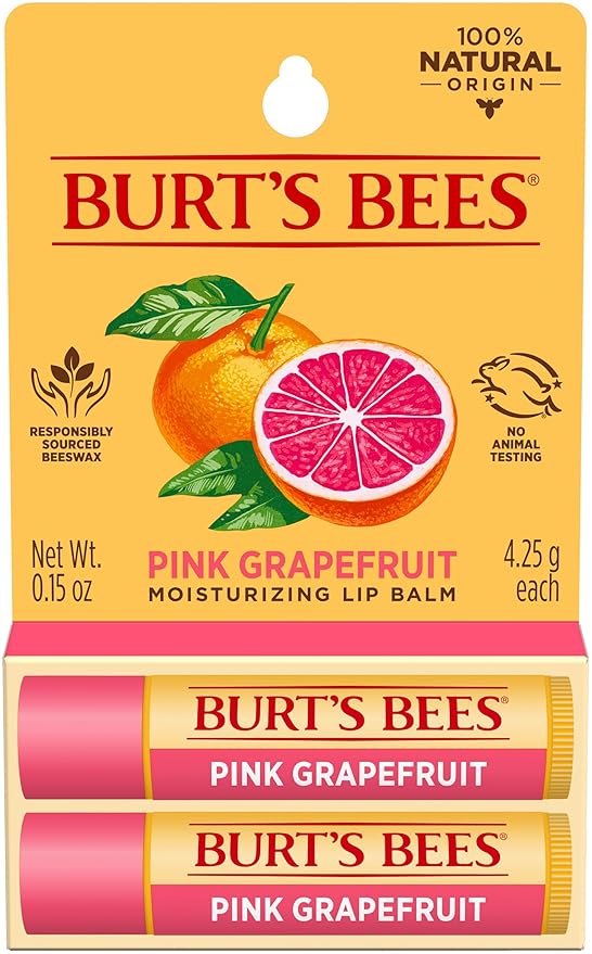 Burt's Bees Lip Balm - Pink Grapefruit, Lip Moisturizer With Responsibly Sourced Beeswax, Tint-Free, Natural Origin Conditioning Treatment, 2 Tubes, 0.15 oz. (Pack of 2)