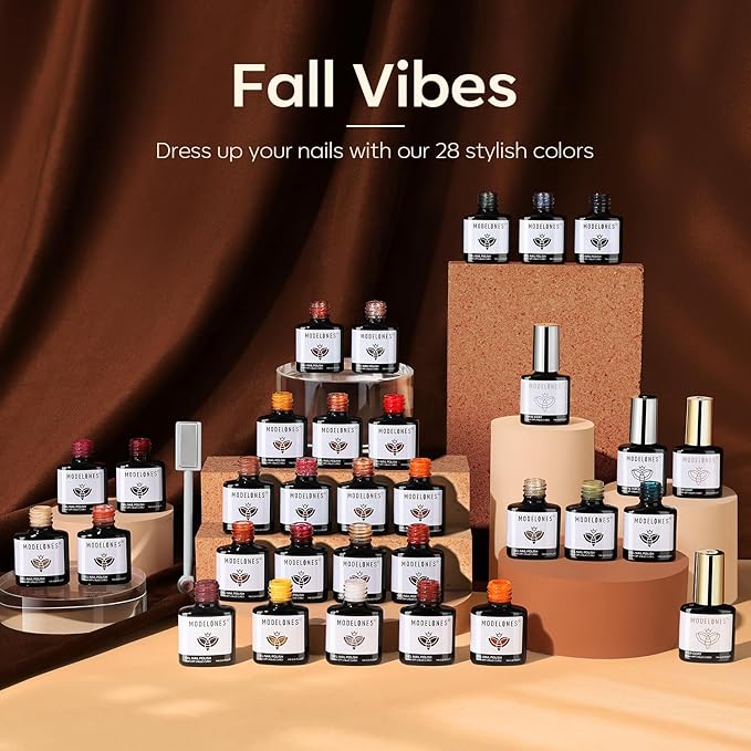 modelones 32 PCS Fall Gel Nail Polish Set, 28 Colors Gel Polish with No Wipe Base Coat, Glitter & Glossy & Matte Top Coat Yellow Orange Brown Nude Glitter Soak Off LED Nail Art Kit Salon at Home
