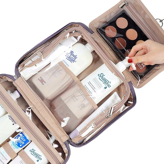 NISHEL Travel Toiletry Bag for Women, Makeup Essentials Organizer, Hanging Case for Accessories, Cosmetics, Large Size, Purple