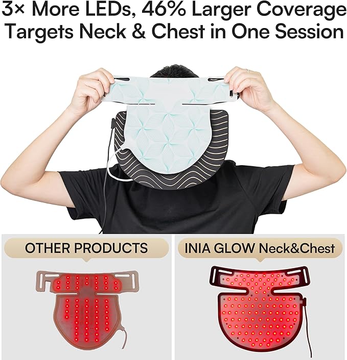 INIA Red Light Therapy Mask for Neck & Décolleté – 850nm NIR + 3 Light Modes for Anti-Aging, Firming & Radiant Glow – Red Light Skincare Device with 2600mAh Rechargeable Controller, 228 LED Chips