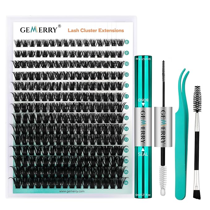 GEMERRY Thick Lash Clusters Kit Fluffy Lash Extension Kit Cluster Lashes 280Pcs D Curl Eyelash Extension Kit With Bond and Seal, Lash Tweezers, DIY Lash Extension(100P-8-16mm)