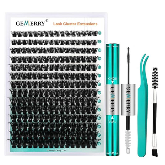 GEMERRY Thick Lash Clusters Kit Fluffy Lash Extension Kit Cluster Lashes 280Pcs D Curl Eyelash Extension Kit With Bond and Seal, Lash Tweezers, DIY Lash Extension(100P-8-16mm)