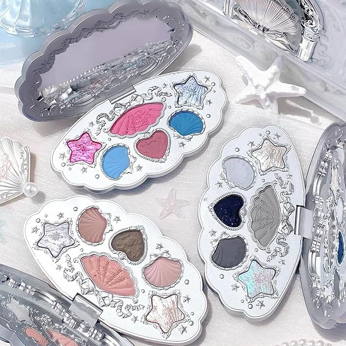 Flower Knows Shell's Jewel 6-Color Makeup Palette,Smoke Greys Eyeshadow Palette with 4 Matte + 2 Shimmer Shades,Blendable Smooth Cute Make Up,0.23 Oz(03 Deep Sea)