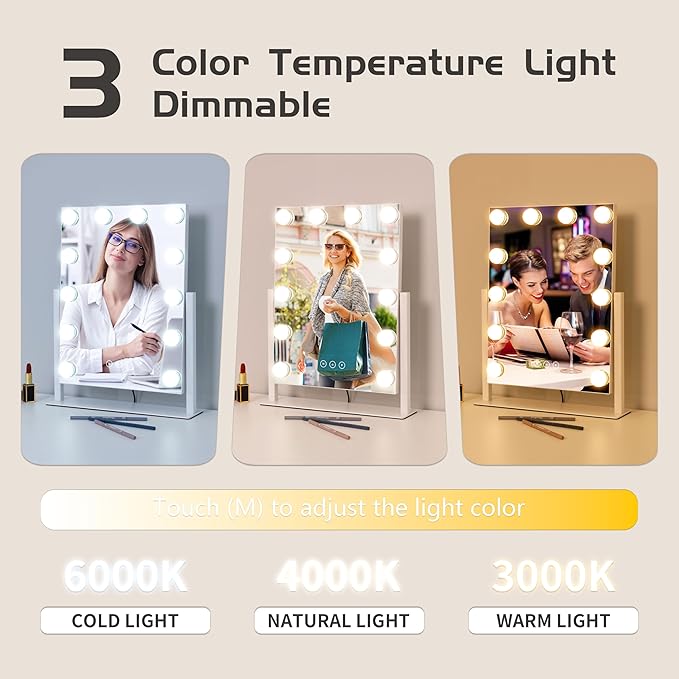 Vanity Mirror with Lights,Lighted Vanity Mirror with 12 Dimmable Bulbs for Dressing Room & Bedroom,3 Color Lighting,Modes Detachable 10x Magnification 360°Ratation (White) 14.6" L x 17" W