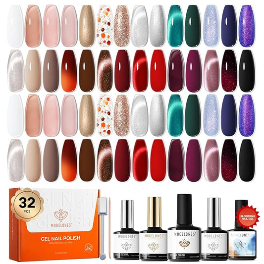 modelones 32 PCS Gel Nail Polish Kit, 28 Colors Christmas Gel Polish with Blooming Gel, Base Coat, Glossy & Matte Top Coat Cat Eye Jelly Glitter Chameleon Soak Off LED Nail Art Kit Salon at Home