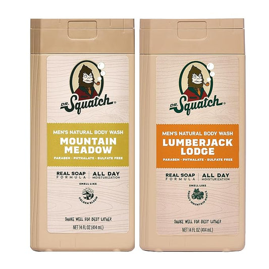 Dr. Squatch Natural Men's Body Wash Shower Gel - Cleansing, Nourishing, Long Lasting Scent, Moisturizing Body Wash for Men - Mountain Meadow + Lumberjack Lodge (14 oz, 2-Pack)