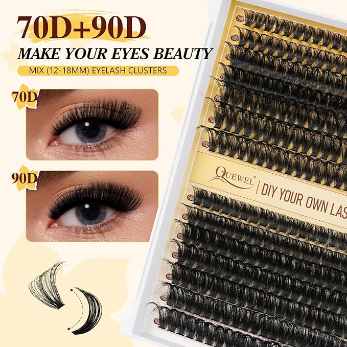 QUEWEL Lash Clusters Kit, 280Pcs 70D+90D Lash Cluster Eyelash Extensions Mix 10-18mm 3D Eyelash Clusters with Lash Bond and Seal and Lash Tweezers Easily Create 3D Lashes Clusters at Home(70D+90D Kit)