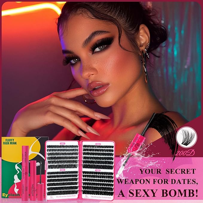 Bombshell X Volunm Lash Clusters Kit Thick Mink 80D-200D Lash Extension Kit 400Pcs 5D Fluffy Eyelash Extension Kit 10-18mm Individual Eyelashes with Lash Bond, Lash Remover, Lash Applicator