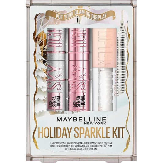Maybelline Lash Sensational Holiday Makeup Kit, Includes Full-Size Sky High Mascara, Lash Sensational Glitter Mascara and Lifter Gloss, 1 Makeup Gift Set