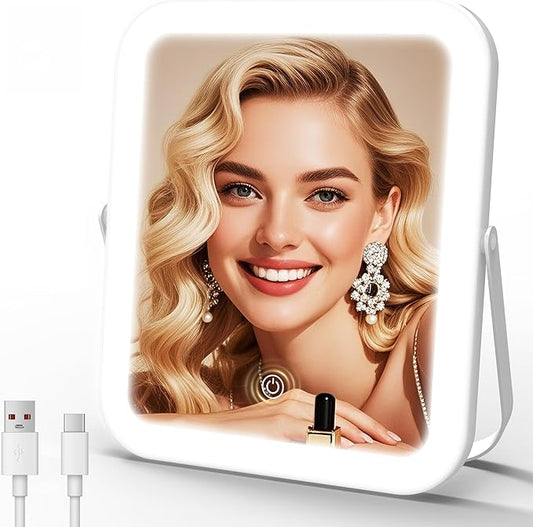 ROLOVE Travel Makeup Mirror with Lights, 8x10 Inch Aluminum LED Vanity Mirror, Rechargeable Portable Mirror for Desk & Travel Essentials, Light Up Mirror with Stand, Dimmable Touch Screen