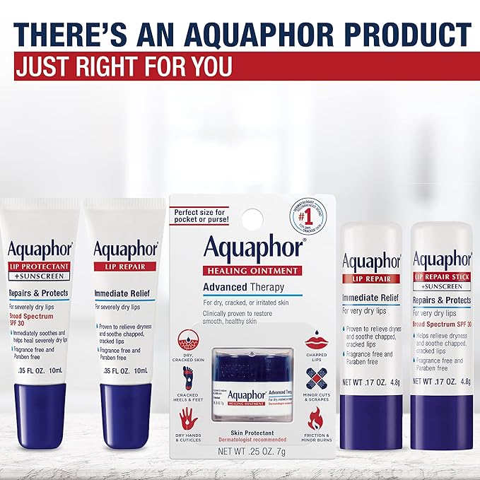 Aquaphor Lip Repair Stick with Jojoba Oil and Shea Butter, Moisturizing Lip Balms, Fragrance Free and Paraben Free, Holiday Gifts for Self Care, 0.17 Oz Stick, Pack of 4