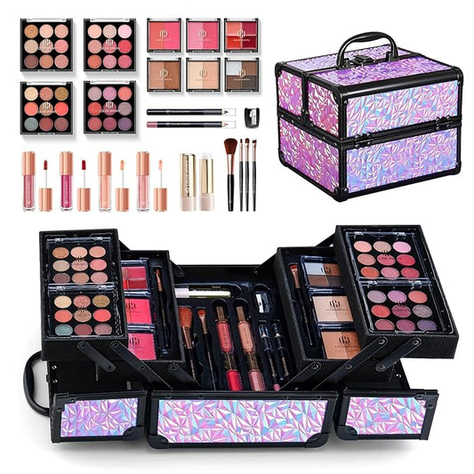 Color Nymph All In One Makeup Kit Comestics Gifts for Girls Teens, Travel Makeup Set 4 Trays Train Case for Beginner Includes Eyeshadow Highlighter Lipgloss Blush Concealer Brush Eyeliner Lipbalm