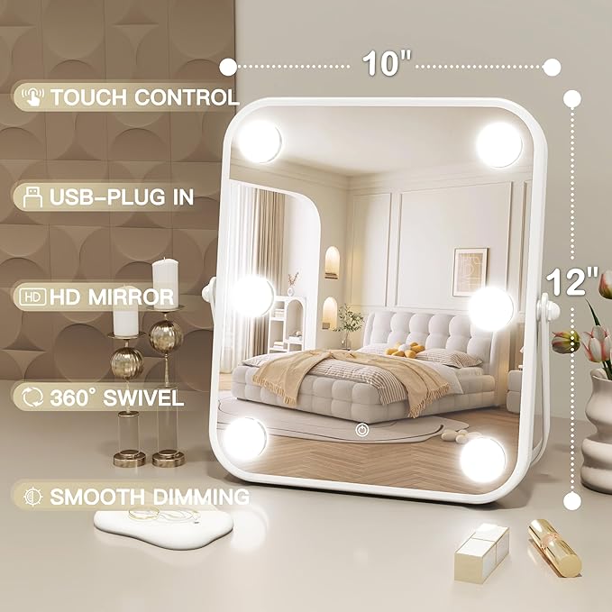 ROLOVE 10x12 Inch Hollywood Vanity Mirror with Dimmable LED Lighting, Smart Touch Control & U-Shaped Bracket - Portable Tabletop Makeup Mirror for Travel, Home