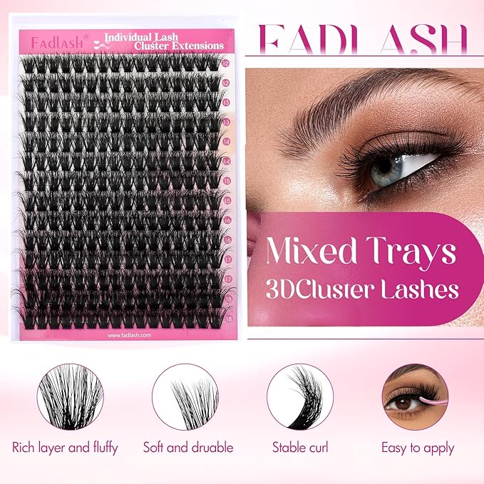 FADLASH Lash Clusters 100D Thick Eyelash Clusters Volume Cluster Eyelash Extensions 12-18mm Individual Lashes C Curl Lash Extension Clusters 3D Effect (100D-0.07-C,12-18mm)