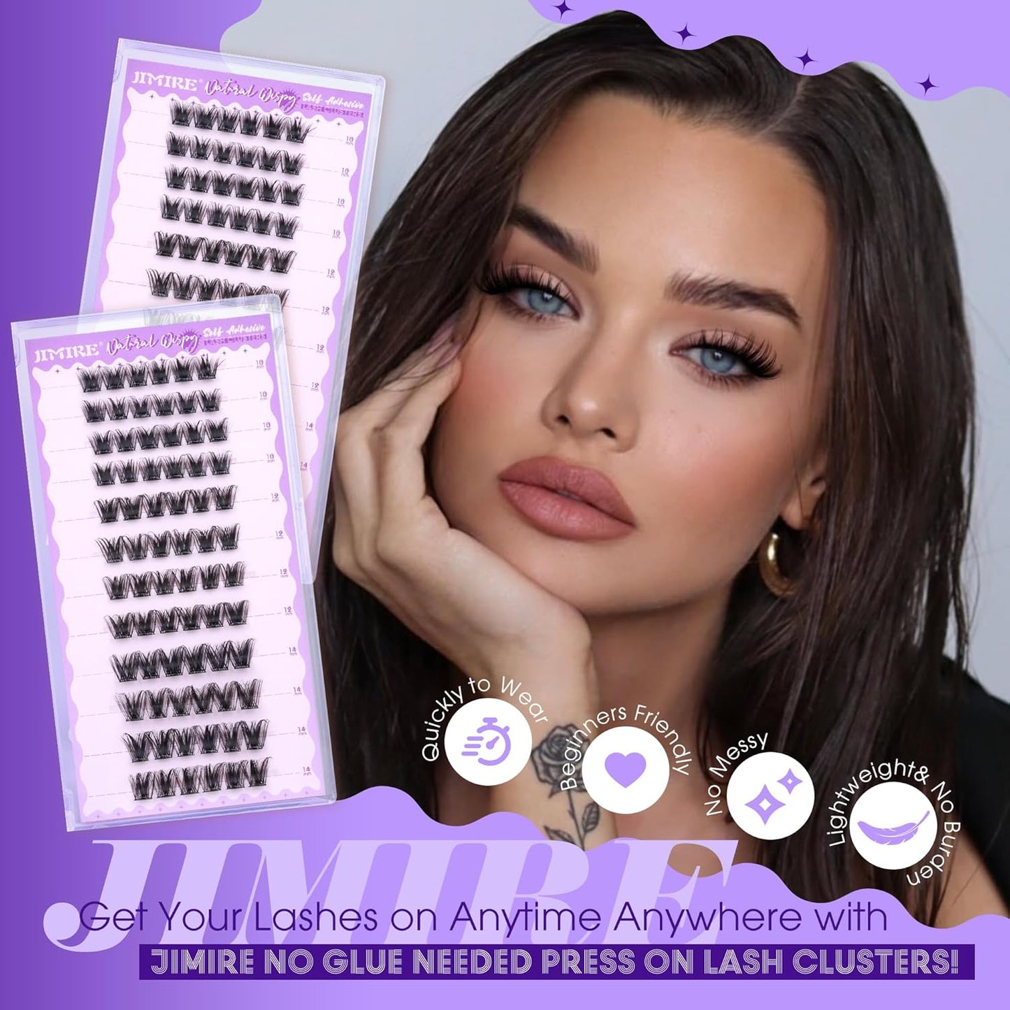 JIMIRE Self Adhesive Eyelashes Manga Lash Clusters Natural Look 10-14MM Wispy Pre Glued Lashes Clusters No Glue Needed D-Curly Natural Cluster Lashes Reusable Invisible Band Press on Lashes