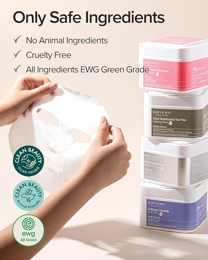 Mary&May Collagen Peptide Vital Mask (30 Sheets) – Pull-Out Case with Hydrolyzed Collagen & 6 Peptides, Firming & Fine Line Appearance Care, Hydrating Korean Sheet Mask for Mature Skin