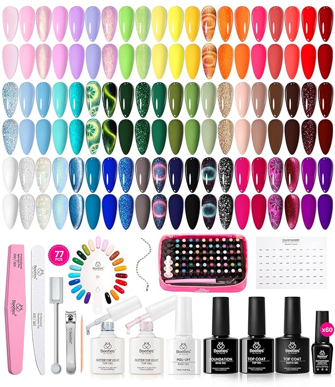 Beetles Gel Nail Polish Set 77 Pcs 60 Colors Cat Eye Gel Nail Kit Red Nude White Polish Nail Kit with Base Top Coat UV DIY Art Tool Home Gifts for Women World Travel