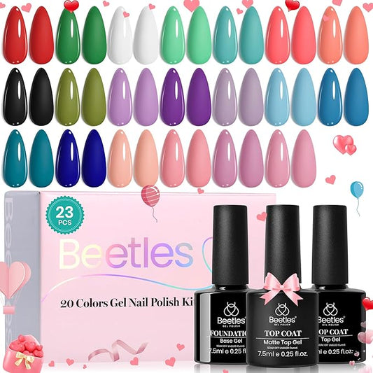 Beetles Gel Nail Polish Set - 23pcs Gel Polish Set Spring Colors, 20 Colors Pink Green Blue Uv Gel Polish with Base Top Coat, All Season Manicure Tools for Beginners Nail Art Home