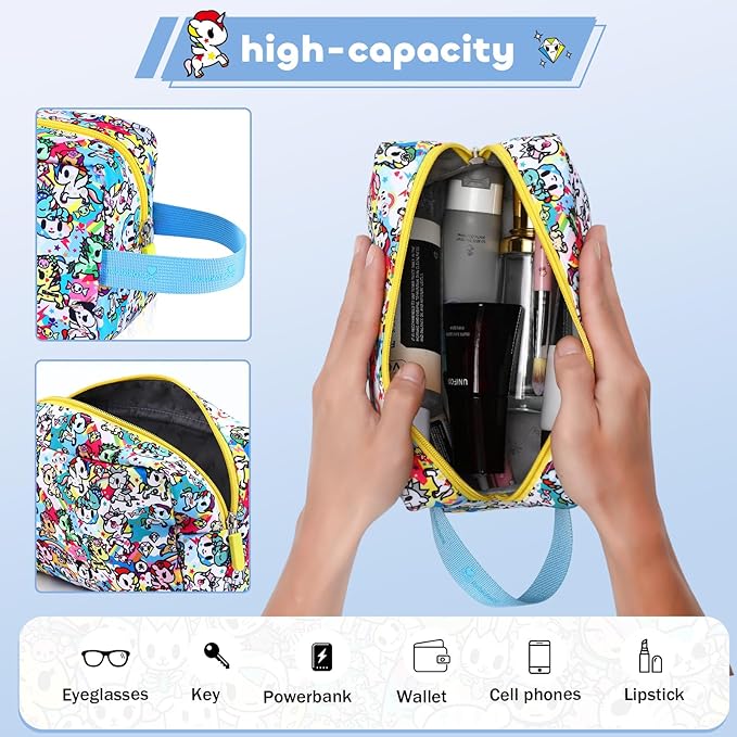 Tokidoki Makeup Bag for Women, Large Capacity Cosmetic Organizer & Toiletry Pouch with Handle, Official Licensed Unicorno Travel Cartoon Portable Makeup Case