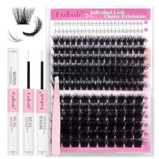 FADLASH Eyelash Extension Kit 100D+200D Lash Clusters with Bottom Lashes DIY Lash Extension Kit Cluster Lashes with Lash Bond and Seal Lash Tweezers Individual Lashes (KIT, 100D+200D-3D-12-18mm)