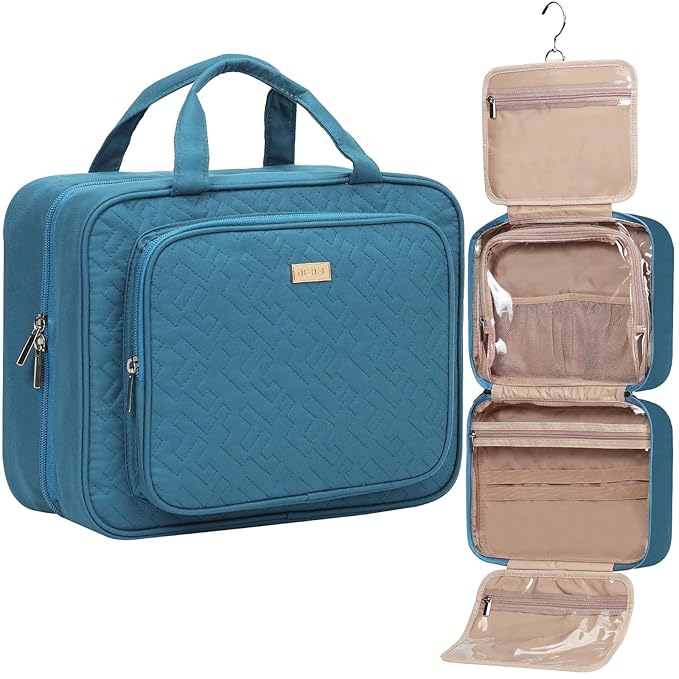 NISHEL Travel Toiletry Bag for Women, Makeup Essentials Organizer, Hanging Case for Accessories, Cosmetics, Large Size, Lake-Blue