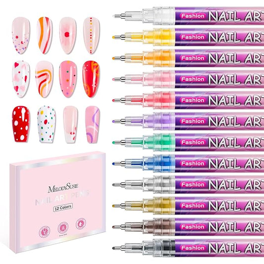 MelodySusie Nail Art Pens Set, 12 Colors 0.5MM Nail Polish Pens for Nail Art, Nail Dotting Tool, Drawing Pen for Nail Design, Manicure Nail Pens for Salon and DIY at Home