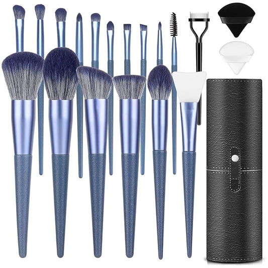 Makeup Brush Set, 17PCs Makeup Brushes with Foundation Eyebrow Blending Concealer Blush Eyeshadow Contour Lash Powder Brush, Make Up Brushes Kit with Organizer Travel Case (Medium, Blue)