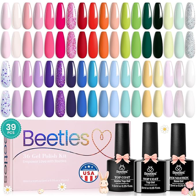 beetles Spring Gel Nail Polish Set - 36 Colors Pink White Nude Yellow Red Glitter Gel Polish with Base Matte&Glossy Top Soak off Uv Led Salon DIY Home Floral Rhapsody Easter Gifts for Women
