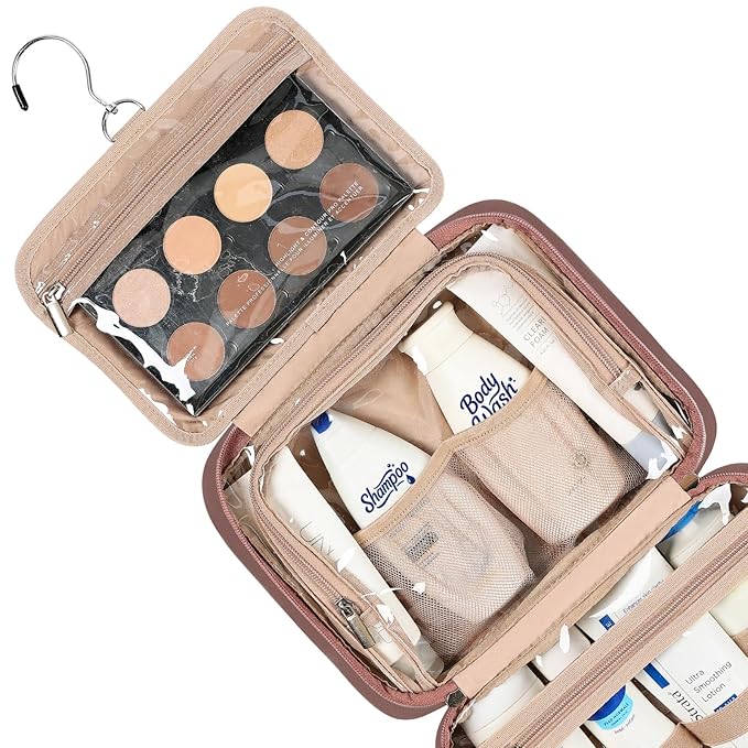 NISHEL Travel Toiletry Bag for Women, Makeup Essentials Organizer, Hanging Case for Accessories, Cosmetics, Medium Size, Rosewood-Pink