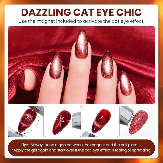 Beetles Gel Nail Polish Set – Opulent Glow Cat Eye Gel Polish, 20 Colors Red Orange Yellow Glitter Brown, Soak Off UV LED with Base Glossy Matte Top Coat for DIY Manicure Gift for Women