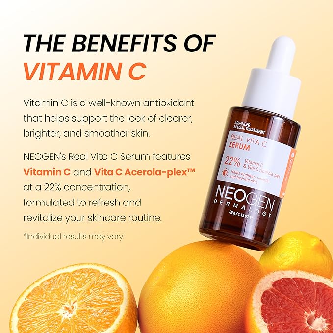 DERMALOGY by NEOGEN Real Vita C Serum, Hydrating Vitalizing Facial Serum with 22% Vitamin C, Even Skin Tone, Dark Spot Serum, Korean Skin Care (32g/ 1.12 oz)